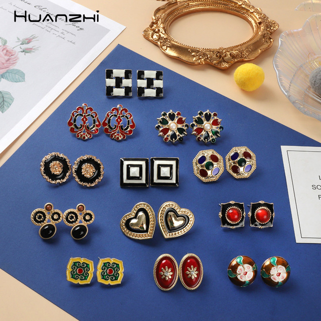 Kolczyki Vintage z geometrycznym sercem i kapaniami glazury HUANZHI - Wianko - 1