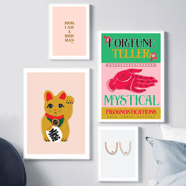 Plakat Fortune Teller - różowy, drukowany na płótnie, obraz kotka, idealny do dekoracji domu lub sypialni (malarstwo skandynawskie) - Wianko - 4