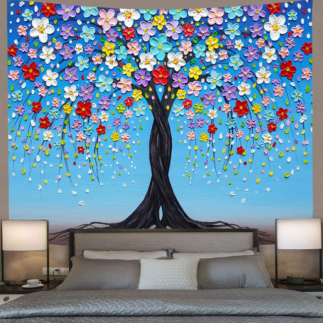 Gobelin dekoracyjny Simsant - kolorowe drzewo kwiatowe na tle wiatraka i farmy, idealny do salonu i na plażę - Wianko - 6