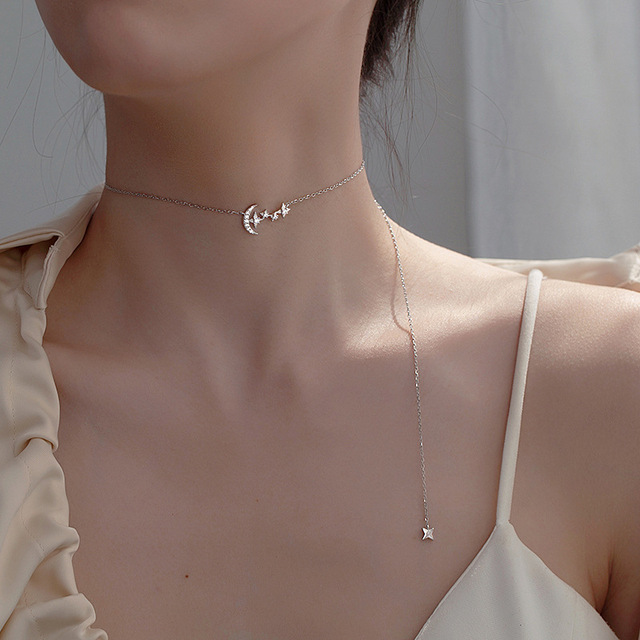 Choker naszyjnik z wisiorkiem w kształcie księżyca i gwiazdy wykonany ze srebra pr. 925 dla kobiet - Wianko - 6