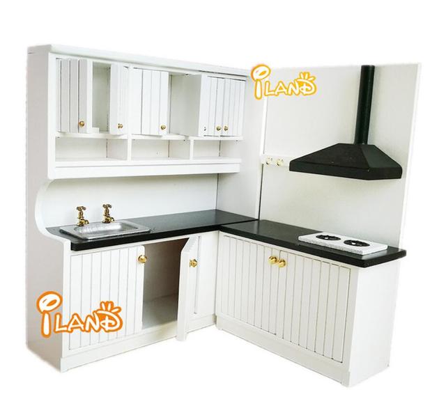 Zestaw drewnianych mebli kuchennych do domku dla lalek - biała szafka z czystymi drzwiami, regał, gablota - Wianko - 4