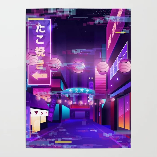 Obrazy na płótnie Synthwave Neon City Tokio Glitch Home Decor - modułowy plakat do salonu bez ramy - Wianko - 3