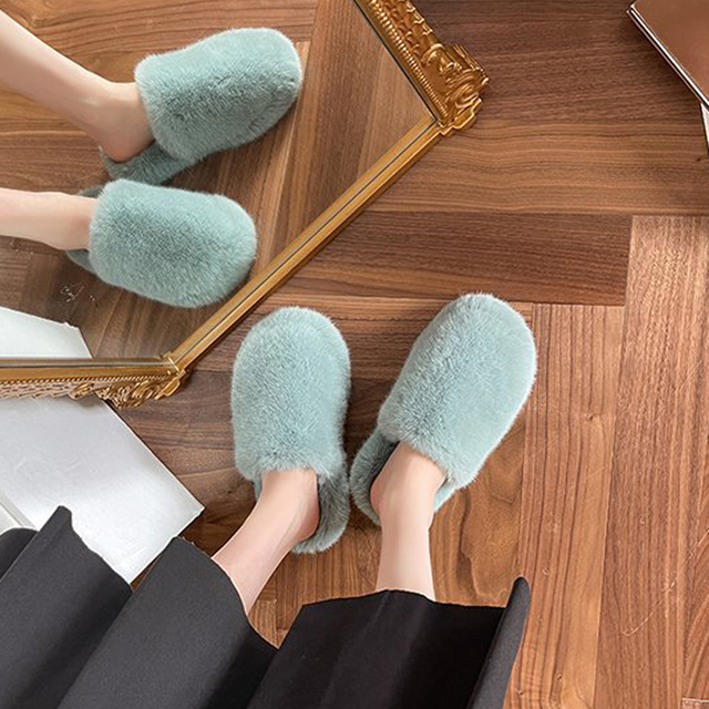Zimowe kapcie kobiety puszyste futro 2021 zamknięte buty ciepłe solidne, z pluszowym kolorem - Wianko - 5