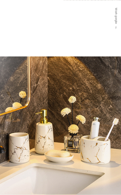Zestaw akcesoriów łazienkowych - Złoty marmur, jednolity kolor, tekstura, 5 sztuk - dozownik pasty do zębów, akcesoria prysznicowe - Wianko - 7