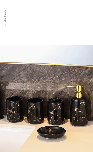 Zestaw akcesoriów łazienkowych - Złoty marmur, jednolity kolor, tekstura, 5 sztuk - dozownik pasty do zębów, akcesoria prysznicowe - Wianko - 5