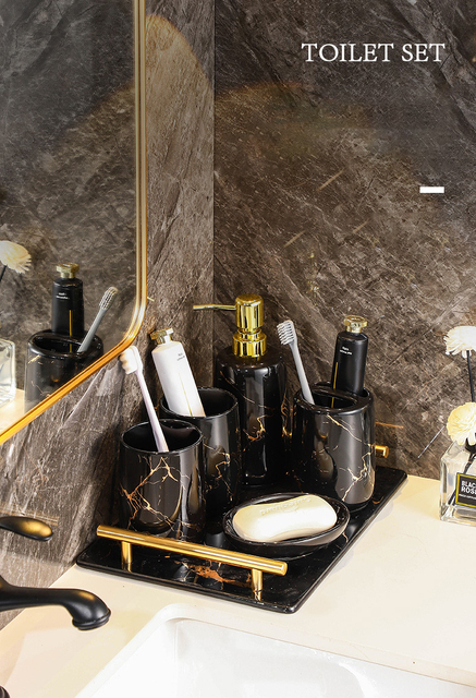 Zestaw akcesoriów łazienkowych - Złoty marmur, jednolity kolor, tekstura, 5 sztuk - dozownik pasty do zębów, akcesoria prysznicowe - Wianko - 3