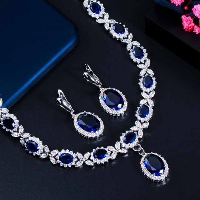 Duży owalny zestaw biżuterii ślubnej: kolczyki i naszyjnik z perą w pięknym, królewskim niebieskim kolorze, ozdobiony czystymi kryształami - prezent rocznicowy (J426) - Wianko - 5