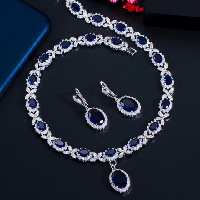 Duży owalny zestaw biżuterii ślubnej: kolczyki i naszyjnik z perą w pięknym, królewskim niebieskim kolorze, ozdobiony czystymi kryształami - prezent rocznicowy (J426) - Wianko - 7