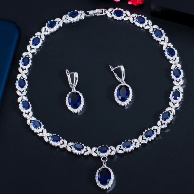 Duży owalny zestaw biżuterii ślubnej: kolczyki i naszyjnik z perą w pięknym, królewskim niebieskim kolorze, ozdobiony czystymi kryształami - prezent rocznicowy (J426) - Wianko - 10