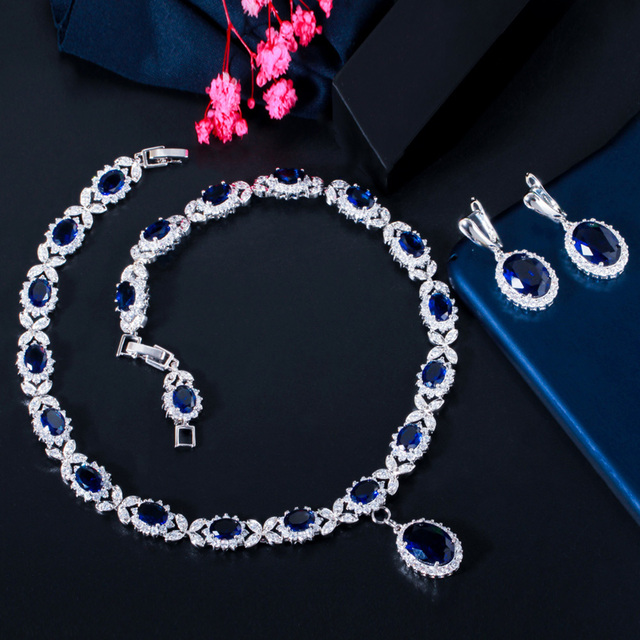 Duży owalny zestaw biżuterii ślubnej: kolczyki i naszyjnik z perą w pięknym, królewskim niebieskim kolorze, ozdobiony czystymi kryształami - prezent rocznicowy (J426) - Wianko - 6