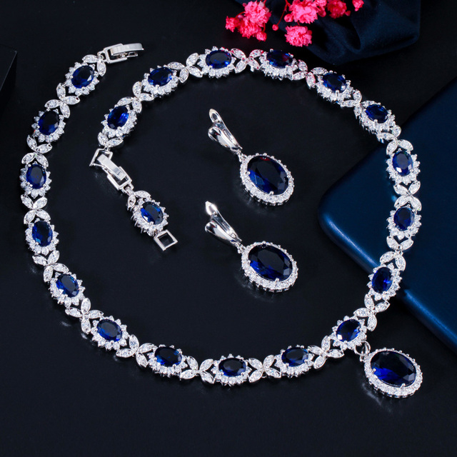Duży owalny zestaw biżuterii ślubnej: kolczyki i naszyjnik z perą w pięknym, królewskim niebieskim kolorze, ozdobiony czystymi kryształami - prezent rocznicowy (J426) - Wianko - 9