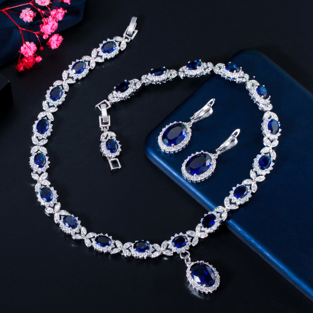 Duży owalny zestaw biżuterii ślubnej: kolczyki i naszyjnik z perą w pięknym, królewskim niebieskim kolorze, ozdobiony czystymi kryształami - prezent rocznicowy (J426) - Wianko - 8