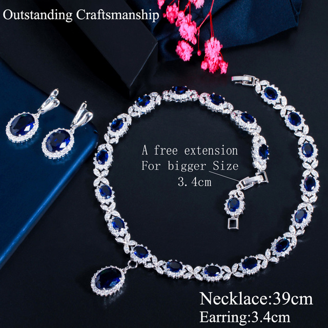 Duży owalny zestaw biżuterii ślubnej: kolczyki i naszyjnik z perą w pięknym, królewskim niebieskim kolorze, ozdobiony czystymi kryształami - prezent rocznicowy (J426) - Wianko - 2