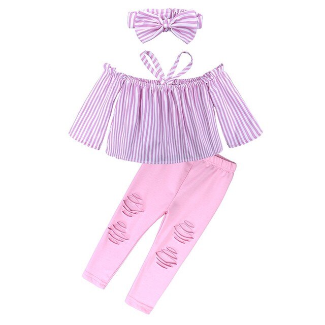 Zestaw ubrań dla noworodka: Dziewczece Off Shoulder Topy w paski + spodnie w stylu poszarpanym + opaski, kolor różowy - Wianko - 2