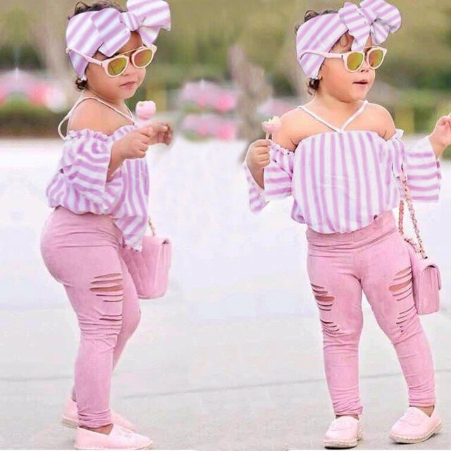 Zestaw ubrań dla noworodka: Dziewczece Off Shoulder Topy w paski + spodnie w stylu poszarpanym + opaski, kolor różowy - Wianko - 1