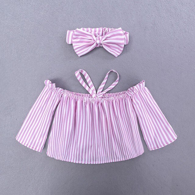 Zestaw ubrań dla noworodka: Dziewczece Off Shoulder Topy w paski + spodnie w stylu poszarpanym + opaski, kolor różowy - Wianko - 3