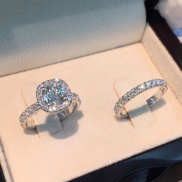 WUKALO moda - srebrne kolorowe pierścienie - zestaw dla kobiet - prosta konstrukcja - kwadratowy cyrkon - ślubny pierścionek zaręczynowy - Bijoux - Wianko - 1