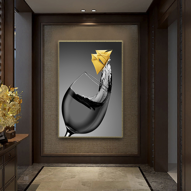 Czarno-biały złoty plakat na płótnie z łodzią w lampce do wina, idealny do salonu, kuchni i jadalni - Wianko - 7