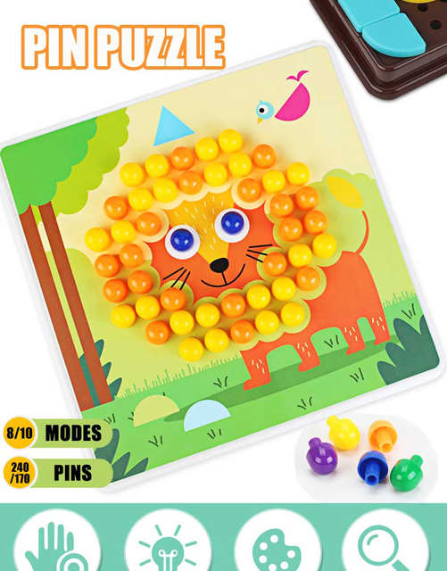 Drewniana gra DIY 3D Pin Puzzle dla dzieci, deska edukacyjna z kolorowymi motywami dla chłopców od 1 do 3 lat - Wianko - 1