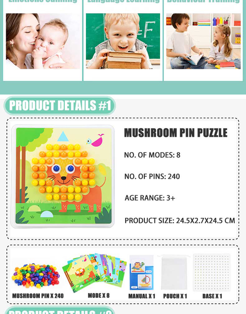 Drewniana gra DIY 3D Pin Puzzle dla dzieci, deska edukacyjna z kolorowymi motywami dla chłopców od 1 do 3 lat - Wianko - 3