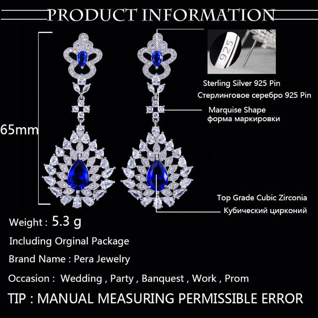 Wiszące długie kolczyki Pera Sparkling AAA + z cyrkoniami Royal Blue w kolorze srebrnym - biżuteria elegancka dla kobiet na Prom Party, idealna na prezent (E376) - Wianko - 9