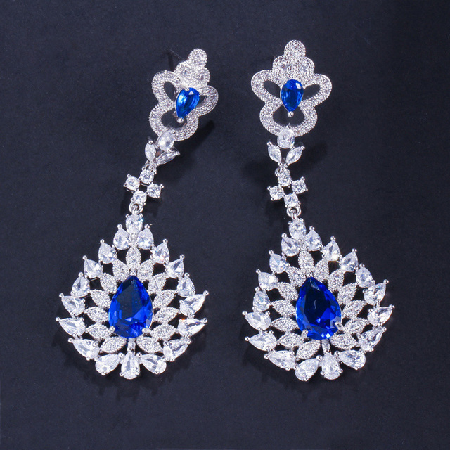 Wiszące długie kolczyki Pera Sparkling AAA + z cyrkoniami Royal Blue w kolorze srebrnym - biżuteria elegancka dla kobiet na Prom Party, idealna na prezent (E376) - Wianko - 5