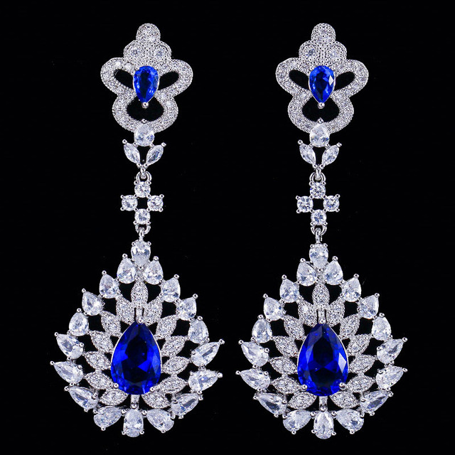 Wiszące długie kolczyki Pera Sparkling AAA + z cyrkoniami Royal Blue w kolorze srebrnym - biżuteria elegancka dla kobiet na Prom Party, idealna na prezent (E376) - Wianko - 4