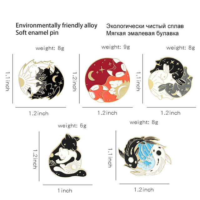 Główki zwierząt Zoo - broszki emaliowane: dinozaur, słoń, sowa, alpaka, żółw, yin-yang, ryby, kot, lis, królik - Wianko - 4