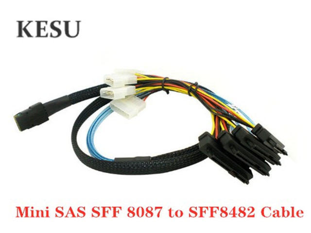 Kabel SAS SATA do HDD serwera - MINI SAS 4i SFF-8087 36Pin do 4 SAS 29Pin SFF-8482 + 4pin kabel zasilający 1 m - Wianko - 1