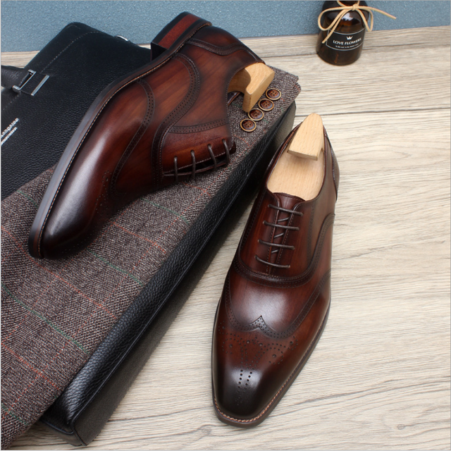 Męskie buty skórzane Oxfordy Sipriks Retro Brogue - wygodne, oddychające, idealne na biznes i ślub - Wianko - 1