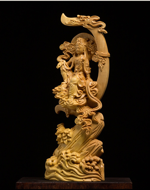 Drewniana rzeźba Guanyin - statua słońca i księżyca - Wianko - 4