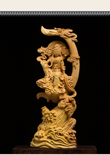 Drewniana rzeźba Guanyin - statua słońca i księżyca - Wianko - 3