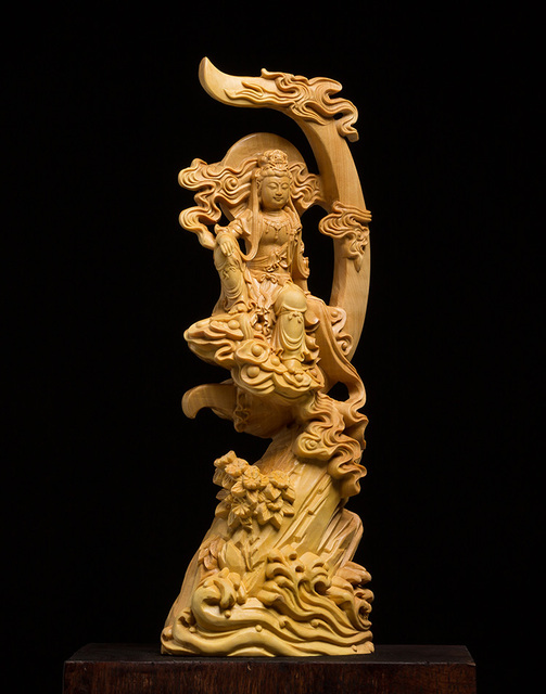 Drewniana rzeźba Guanyin - statua słońca i księżyca - Wianko - 5