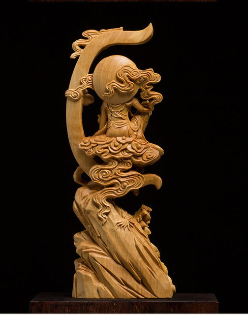 Drewniana rzeźba Guanyin - statua słońca i księżyca - Wianko - 6