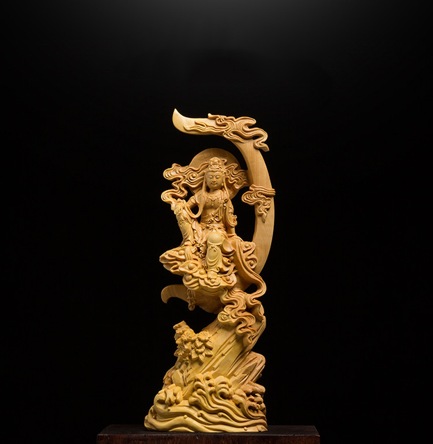 Drewniana rzeźba Guanyin - statua słońca i księżyca - Wianko - 2