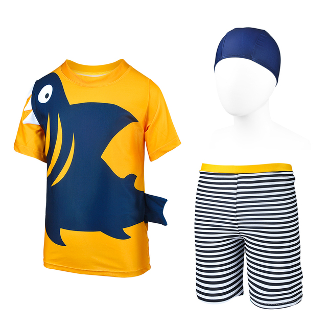 Zestaw 3 szt. strojów kąpielowych dla chłopców - kostium kąpielowy + czapka z nadrukiem rekin, rashguardy chłopięce w kreskówkowym stylu - Wianko - 10