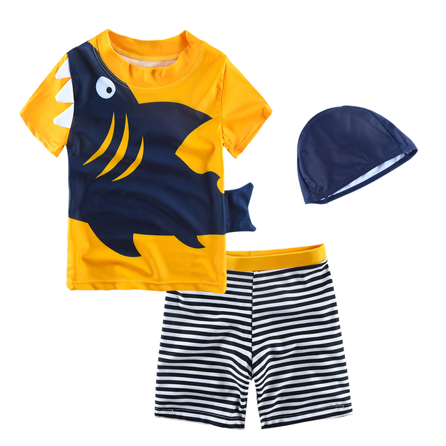 Zestaw 3 szt. strojów kąpielowych dla chłopców - kostium kąpielowy + czapka z nadrukiem rekin, rashguardy chłopięce w kreskówkowym stylu - Wianko - 11