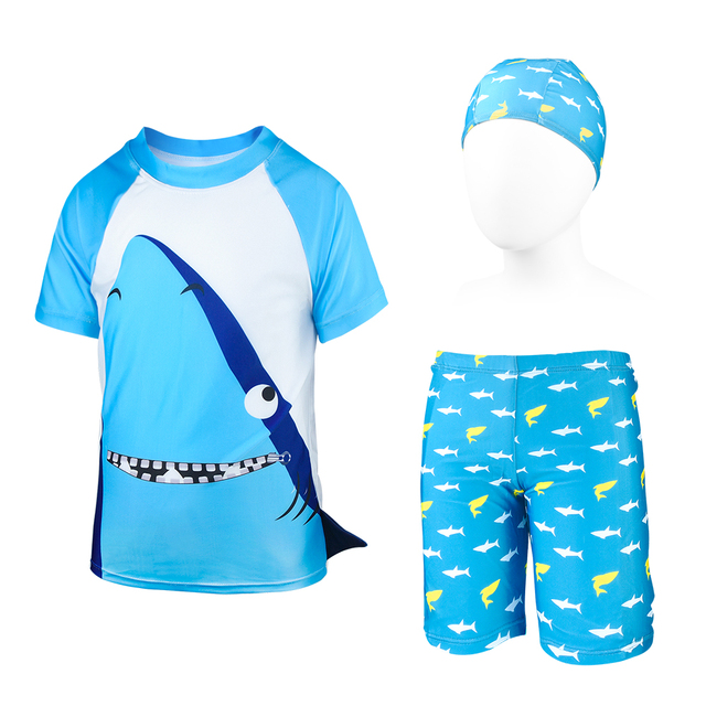 Zestaw 3 szt. strojów kąpielowych dla chłopców - kostium kąpielowy + czapka z nadrukiem rekin, rashguardy chłopięce w kreskówkowym stylu - Wianko - 16