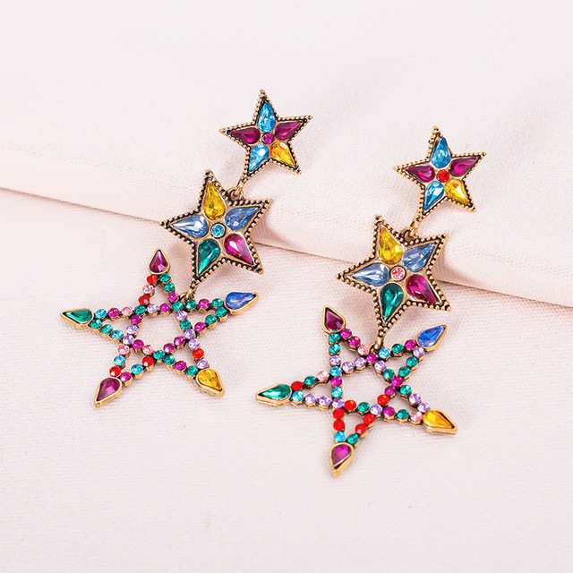 Luksusowe kolczyki z kolorowymi cyrkoniami w kształcie gwiazdki na długim łańcuszku - Wianko - 6