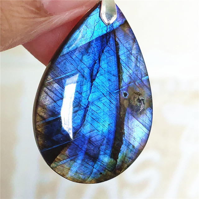 Niebieski wisiorek z oryginalnym, naturalnym kamieniem labradorytu Rainbow dla kobiet i mężczyzn - Wianko - 6