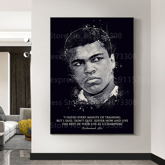 Cytaty bokserskie Muhammad Ali - Czarno-białe malarstwo na płótnie z motywami gwiezdnymi - Wianko - 1