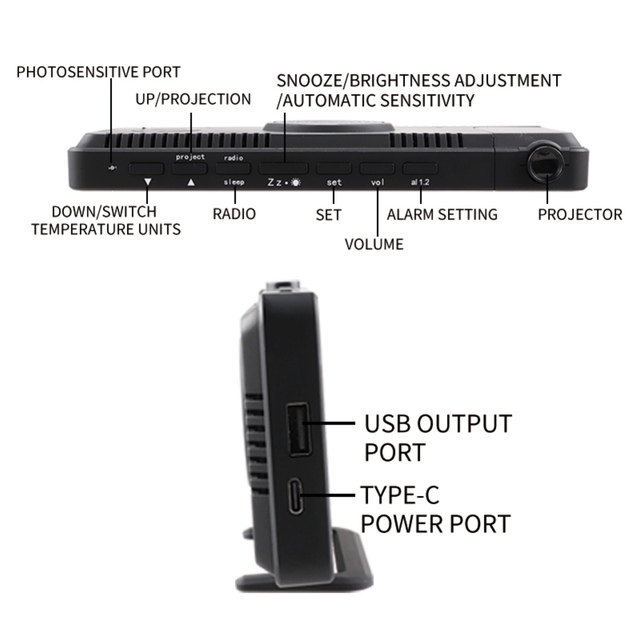 Cyfrowy budzik z projektorem, termometrem i wilgotnościomierzem USB - Wianko - 4