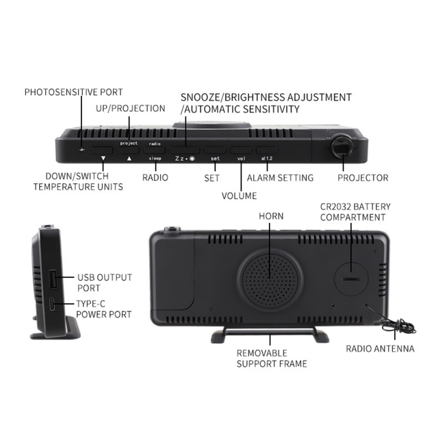 Cyfrowy budzik z projektorem, termometrem i wilgotnościomierzem USB - Wianko - 5