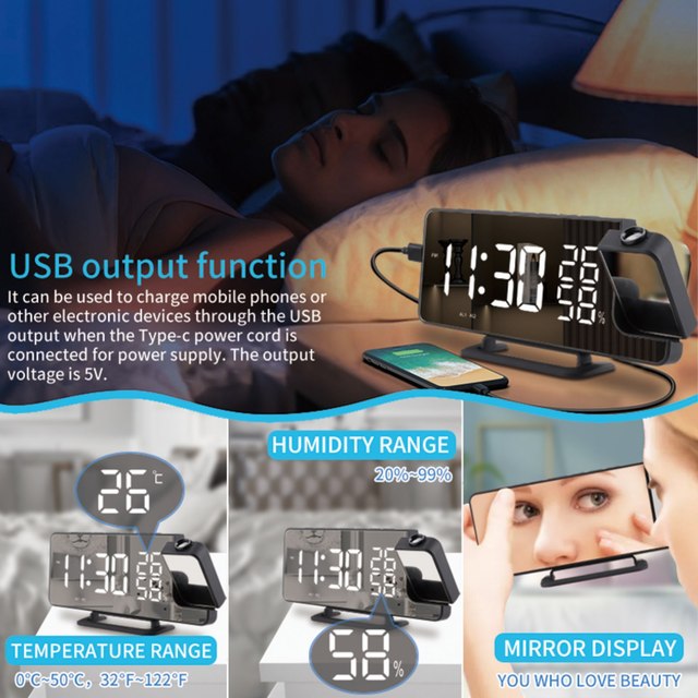 Cyfrowy budzik z projektorem, termometrem i wilgotnościomierzem USB - Wianko - 8