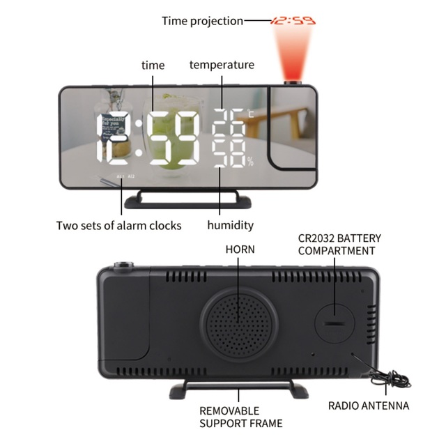 Cyfrowy budzik z projektorem, termometrem i wilgotnościomierzem USB - Wianko - 3