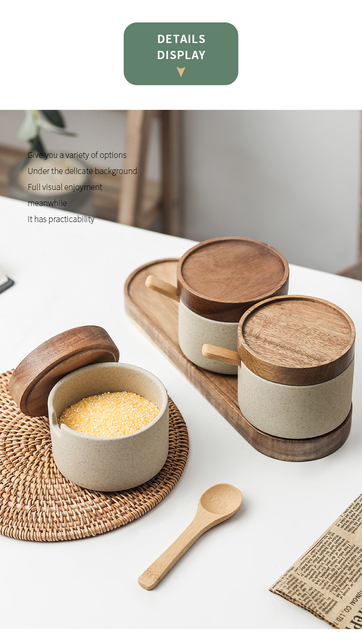 Retro ceramiczny słoik na przyprawy z łyżeczką, pojemnik na sól, Msg i pieprz z drewnianą tacą - Wianko - 4