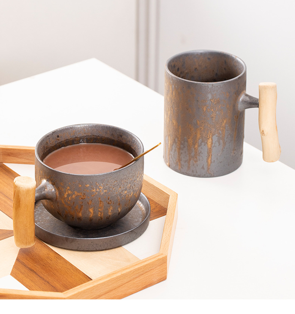 Kubek termiczny z drewnianą rączką - vintage, ceramiczny, do kawy, herbata, mlecznopiwny, woda, idealny prezent dla przyjaciół w biurze i salonie - Wianko - 1