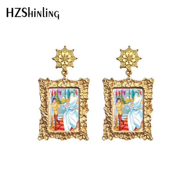 Kolczyki wiszące Disney Kopciuszek Retro złoto wiszące kolczyki szkło Cabochon Dome wisiorki biżuteria - Wianko - 3