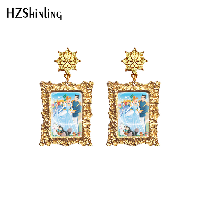 Kolczyki wiszące Disney Kopciuszek Retro złoto wiszące kolczyki szkło Cabochon Dome wisiorki biżuteria - Wianko - 5