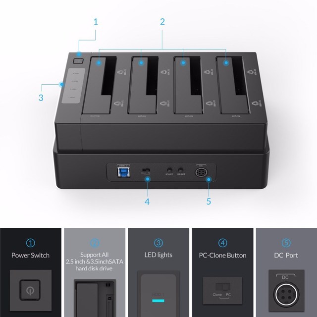 Obudowa dysku twardego ORICO 2/4 Bay z trybem Offline Clone, SATA na USB 3, dla 2.5/3.5 calowego dysku twardego - Wianko - 6